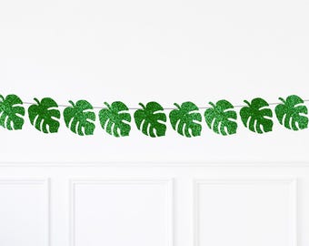 Monstera Leaf Garland, Glitter Tropical Leaves  Banner, Foliage Celebration Party Décor