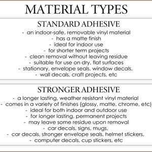 May include: A graphic detailing two types of adhesive vinyl materials. The top section describes "Standard Adhesive" for indoor use, with a matte finish. The bottom section details "Stronger Adhesive" for indoor and outdoor use, with various finishes.
