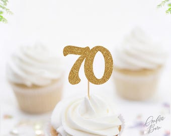 70 Cupcake Toppers, Glitter 70th Birthday Food Picks, Dessert Table Party Décor