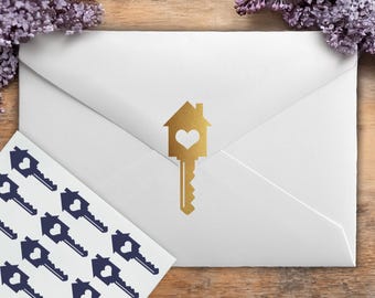 House Key with Heart Stickers, New Home Real Estate House with a Heart Envelope Sealing Stickers, Removable Vinyl Milestone Sticker Gift