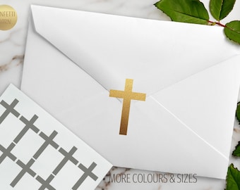 Könnte beinhalten: Ein weißer Umschlag mit einem goldenen Kreuzaufkleber. Ein Bogen mit grauen Kreuzaufklebern ist zu sehen. Der Text "MORE COLOURS & SIZES" steht unten. Das Confetti Barn-Logo befindet sich oben links.