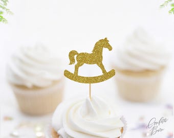 Rocking Horse Cupcake Toppers, Glitter Baby Shower Food Picks, Gender Neutral Dessert Table Party Décor