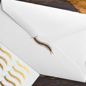 May include: A white envelope featuring a single brown centipede illustration on the flap, accompanied by a white card displaying a pattern of multiple gold and brown centipede illustrations arranged in a repeating, staggered layout.