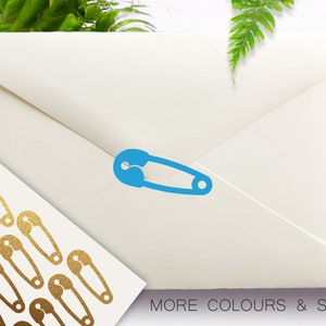 Autocollants d'épingles à couches, épingles de sûreté, autocollants de cachetage d'enveloppes en vinyle pour baby shower, autocollants d'invitation en vinyle amovibles à pince pour vêtements