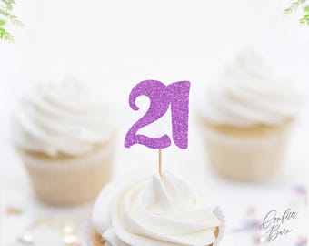 21 Cupcake Toppers, Glitter 21st Birthday Food Picks, Dessert Table Party Décor