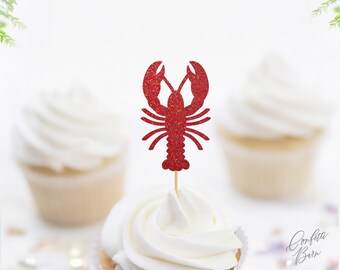 Lobster Cupcake Toppers, Glitter Seafood Theme Picks, Sea Side Dessert Table Party Décor