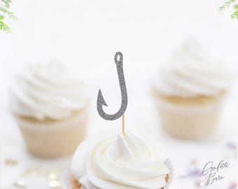 Fishing Hook Cupcake Toppers, Glitter Food Picks, Fishing Theme Dessert Table Party Décor