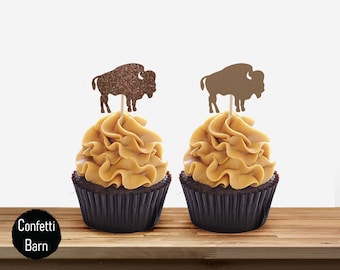 Buffalo Cupcake Topper, Bison Cupcake Picks, Baby Shower, Birthday Party, American Buffalo Theme, Animal Cupcake Pick, Party Embellishments