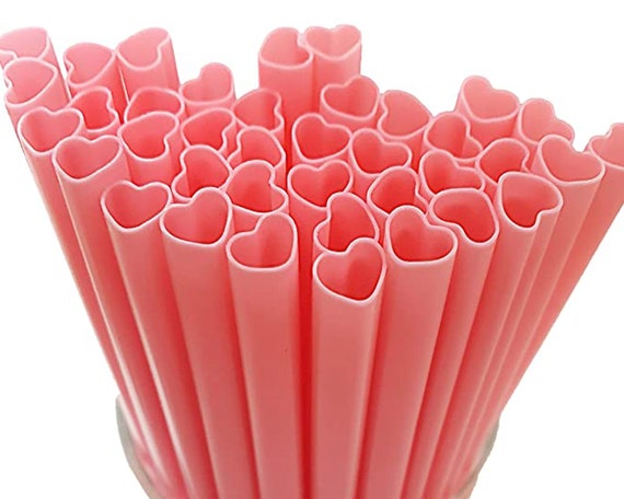 Pink Disposable Plastic Heart Straws, Individually Wrapped Straws, 8.3 Inch  Long 