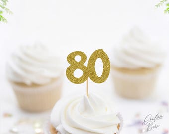 80 Cupcake Toppers, Glitter 80th Birthday Food Picks, Dessert Table Party Décor