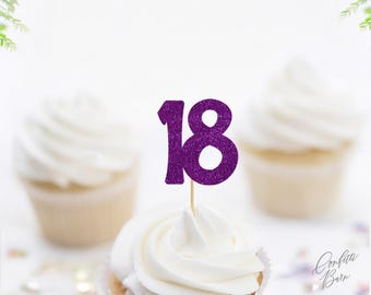 18 Cupcake Toppers, Glitter 18th Birthday Food Picks, Dessert Table Party Décor