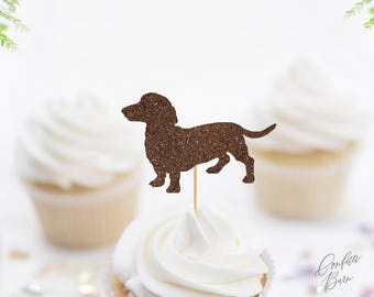 Dachshund Cupcake Toppers, Glitter Dog Food Picks, Wiener Dog Birthday, Dessert Table Embellishments