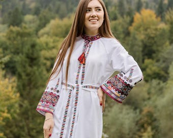 White traditional Ukrainian maxi dress, Embroidery wedding dress, colourful vyshyvanka dress, Ukrainian ethno hutsulska vyshyvanka for gift