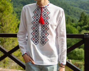 Camisa vyshyvanka para hombre, camisa vyshyvanka para regalar, bordado geométrico, ropa de fiesta, camisa ucraniana, camisa blanca vyshyvanka, camisa popular para hombre