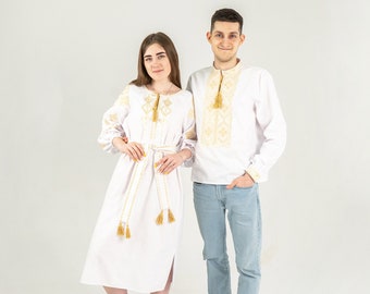 Vyshyvanka set, men's vyshyvanka, gold ukraine dress, modern embroidery, ukrainian shirt, linen shirt men, custom embroidery