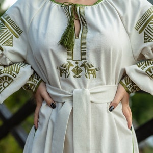 Beige folk dress, traditional embroidery dress, Ukrainian embroidery, vyshyvanka for gift, summer linen dress, Bohemian fashion