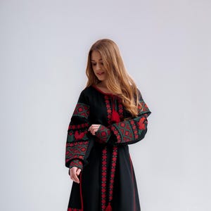 Cross embroidery dress, Midi embroidered dress, black dress, floral embroidery,  vyshyvanka for gift, folk dress, ukrainian embroidery
