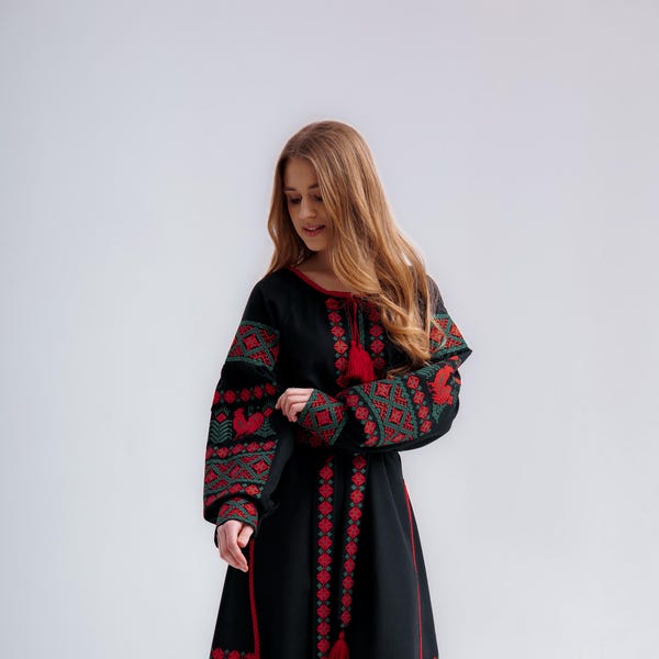 Cross embroidery dress, Midi embroidered dress, black dress, floral embroidery,  vyshyvanka for gift, folk dress, ukrainian embroidery