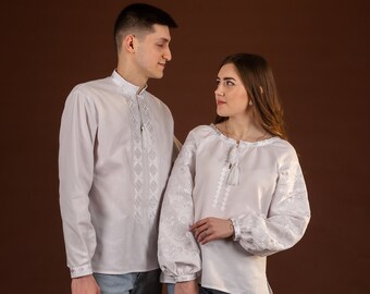 White Vyshyvanka set, vyshyvanka with white embroidery, linen blouse, ukrainian shirt, men&#39;s vyshyvanka, Ukrainian fashion, ukraine shirt