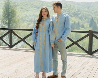 Blue vyshyvanka set, men's vyshyvanka, embroidered dress, linen shirt men,  embroidery tops, long vyshyvanka dress, Ukraine wheat dress