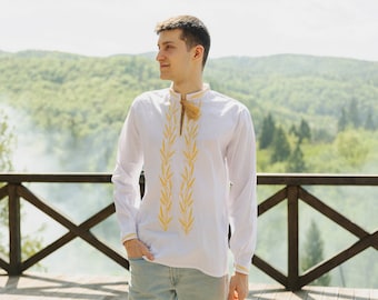 Men's vyshyvanka, white vyshyvanka, gold embroidery, Ukrainian shirt, Ukrainian vishivanka, vyshyvanka men, vyshyvanka for wedding