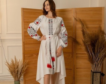 Cross embroidery dress, Midi embroidered dress, white dress, floral embroidery,  vyshyvanka for gift, folk dress, ukrainian embroidery