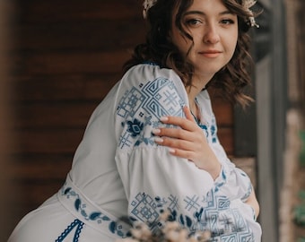 Ukrainian white wedding dress, Embroidered dress, modern embroidery, floral dress, ukraine dress, custom embroidery, traditional clothes