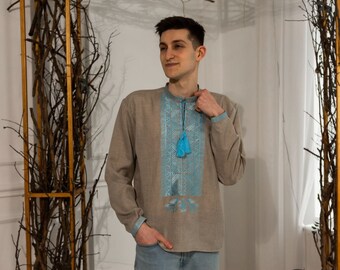 Ukrainian shirt, Beige Vishivanka shirt, vyshyvanka men, folk men's shirt, men's vyshyvanka with tryzub, linen shirt men, denim shirt men.