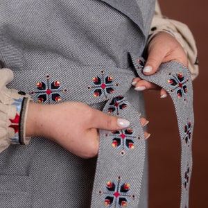 Embroidery denim Waistcoats, long vest, sleeveless midi cardigan, Floral embroidery vest, ukrainian embroidery, belted cardigan image 6