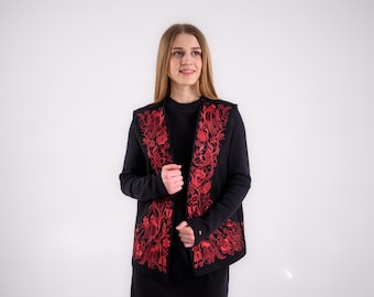 Black vest with red floral embroidery, Embroidery vest, sleeveless cardigan, boho embroidered vest, ukrainian embroidery, belted cardigan