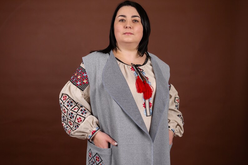Embroidery denim Waistcoats, long vest, sleeveless midi cardigan, Floral embroidery vest, ukrainian embroidery, belted cardigan image 2