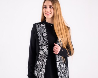 Embroidery vest, black vest with white embroidery, belted cardigan sleeveless cardigan, Floral embroidery vest, ukrainian embroidery