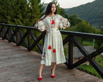 Ivory midi vyshyvanka, summer dress with floral embroidery, Ukrainian folk outfit, boho handmade ethno gift, cotton vyshyvanka dress