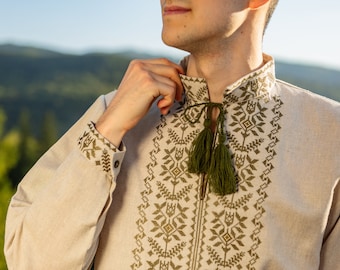 Ukrainian shirt, Beige Vishivanka shirt, vyshyvanka men, folk men's shirt, men's vyshyvanka with tryzub, linen shirt men, denim shirt men