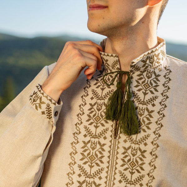 Ukrainian shirt, Beige Vishivanka shirt, vyshyvanka men, folk men's shirt, men's vyshyvanka with tryzub, linen shirt men, denim shirt men