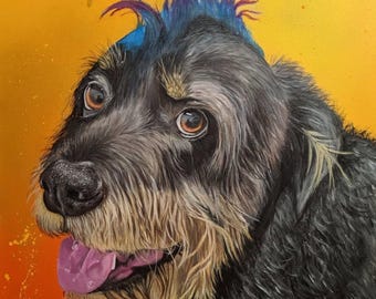 May include: A painting of a black dog with a blue and purple mohawk. The dog has a pink tongue sticking out and is looking to the left. The background is a bright orange color.