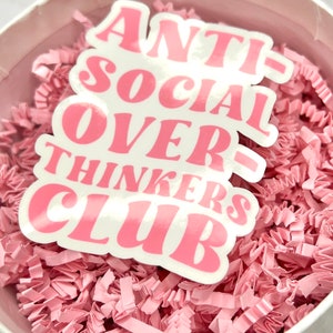 May include: A pink sticker with the text "ANTI-SOCIAL OVER-THINKERS CLUB" in white letters. The sticker is sitting on a bed of pink crinkle paper.