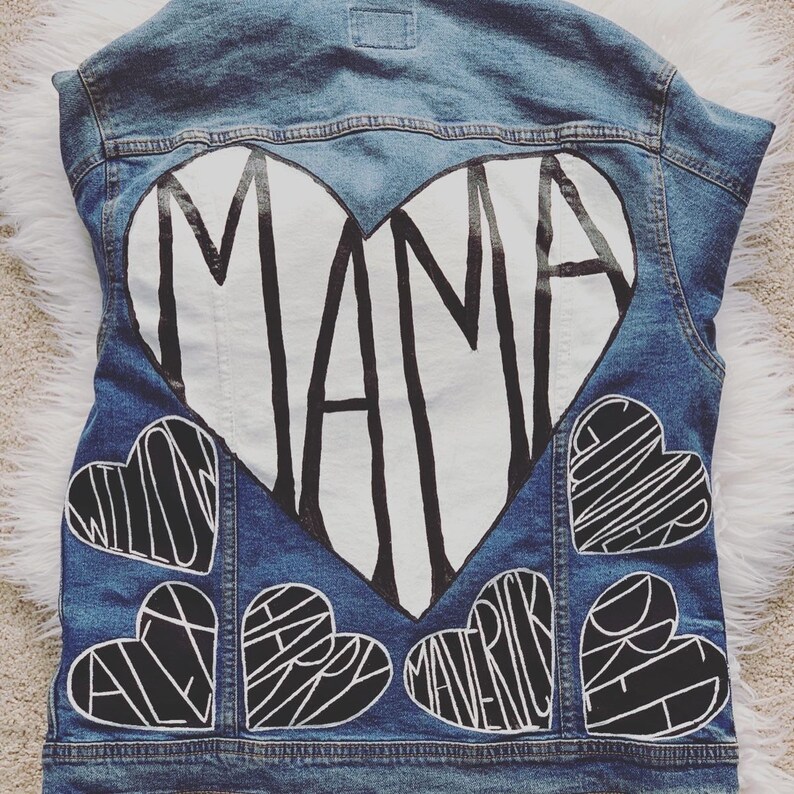 Hand Painted Mama Jean Jacket With Kids Names Mama painted heart with babies names Mom Life Jacket Mommy Jean Jacket Rae Dunn Inspo