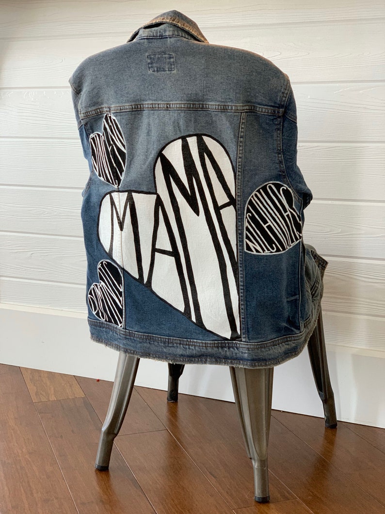 Hand Painted Mama Jean Jacket With Kids Names Mama painted heart with babies names Mom Life Jacket Mommy Jean Jacket Rae Dunn Inspo