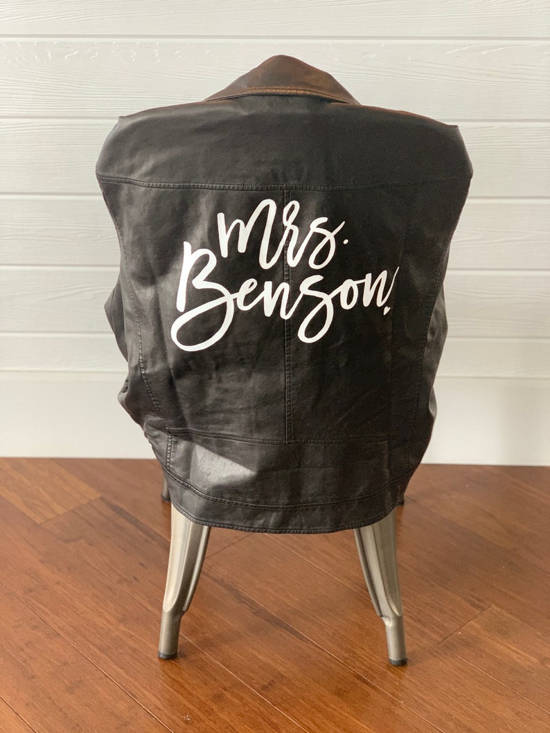 Hand Painted Mrs Vegan Leather Jacket With Wedding Date MRS Leather Jacket Bride Jacket Married Jacket Bride Accessory