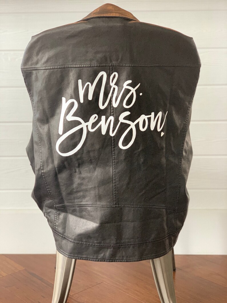 Hand Painted Mrs Vegan Leather Jacket With Wedding Date MRS Leather Jacket Bride Jacket Married Jacket Bride Accessory