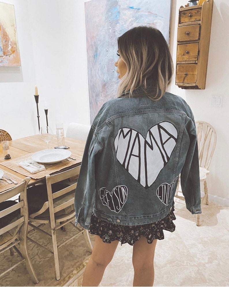 Hand Painted Mama Jean Jacket With Kids Names Mama painted heart with babies names Mom Life Jacket Mommy Jean Jacket Rae Dunn Inspo