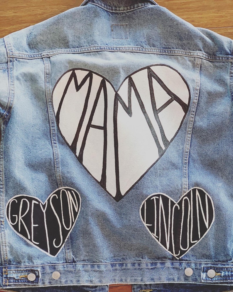 Hand Painted Mama Jean Jacket With Kids Names Mama painted heart with babies names Mom Life Jacket Mommy Jean Jacket Rae Dunn Inspo