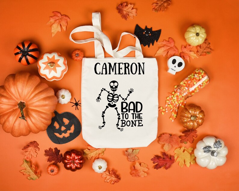 Personalized Halloween Treat Bag Bad to the Bone Halloween Candy Bag Reusable Gifts for Kids Halloween Trick-or-Treat Candy Bag Fall Bag