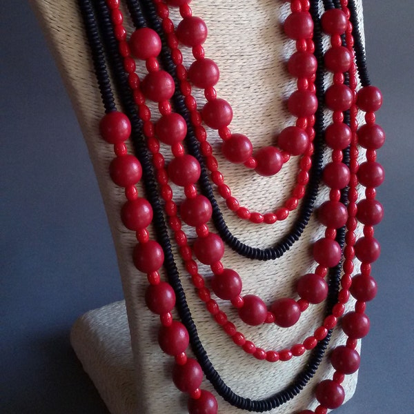 Chunky statement necklace. Big bold chunky jewelry. Wood beaded necklace. Black red statement necklace. Rustic tribal. Czech glass jewelry.