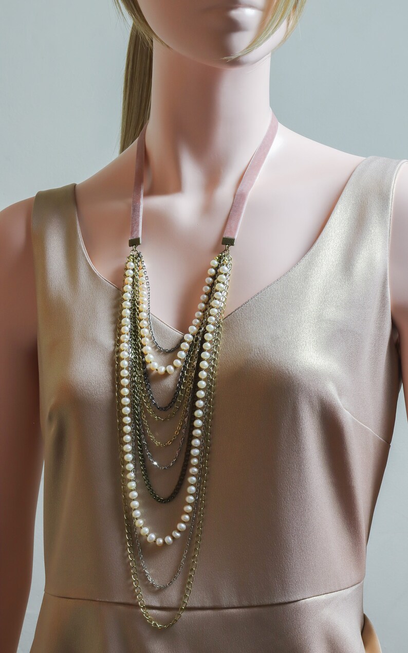 Long Layered Beaded Necklace Bohemian Jewelry Mix Metal Chain and Freshwater Pearl Necklace Statement Jewelry Long Multi Strand Necklace