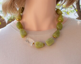 Serpentine jade tumbled stone necklace, single strand natural gemstone beaded jewelry, beautiful gifts for women