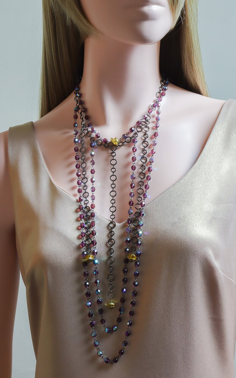 Long Drop Necklace Sparkly Purple Chunky Statement Choker Necklace Modern Jewelry Wedding Jewelry Layer Bead Choker Unique gifts