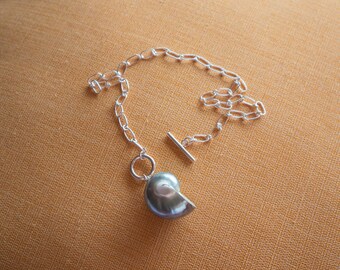 Pearl nautilus shell pendant with 925 silver link chain, natural shell necklace, ocean beach jewelry