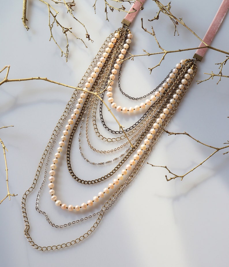 Long Layered Beaded Necklace Bohemian Jewelry Mix Metal Chain and Freshwater Pearl Necklace Statement Jewelry Long Multi Strand Necklace